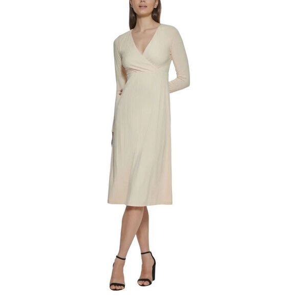 Kensie Dress Women's Cream V-Neck Long-Sleeve A-Line Midi Dress Size XS NWT - Picture 1 of 12